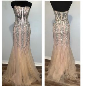 Jovani strapless nude/shear beaded gown size 4 but runs small best fit size 0/2